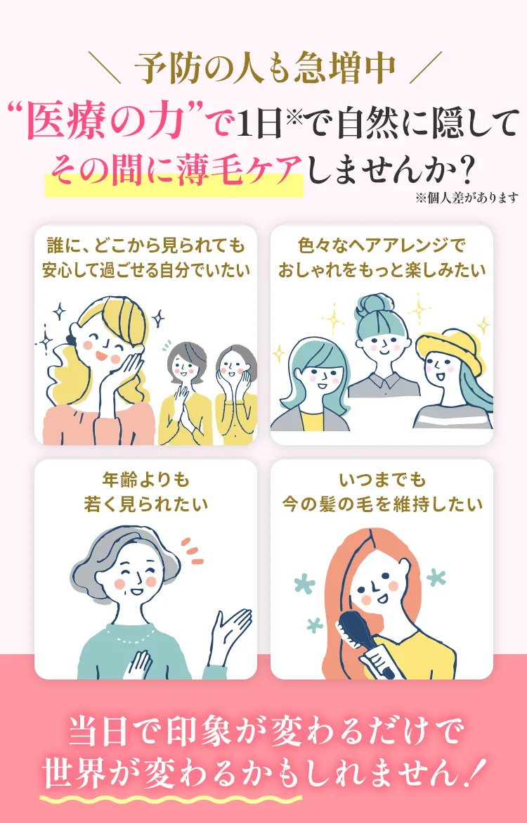 予防の人も急増中 医療の力で1日で自然に隠してその間に薄毛ケアしませんか？